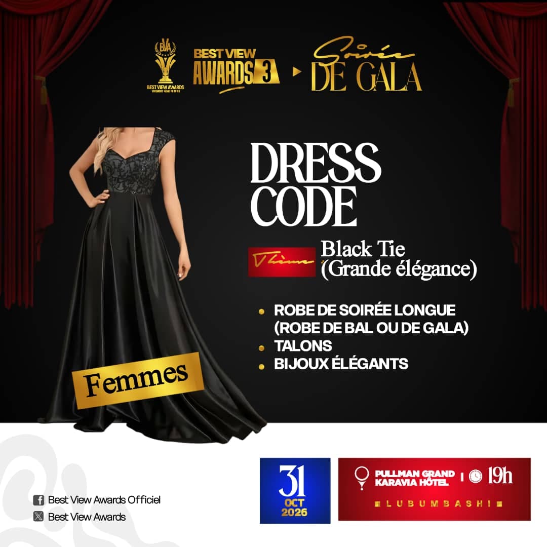 Dress code femmes : robe de soirée longue, talons et bijoux élégants. Black Tie, grande élégance.